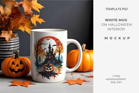 Download White Mug on Halloween Interior Mockup - K Collection