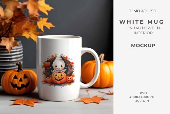 Download White Mug on Halloween Interior Mockup - K Collection