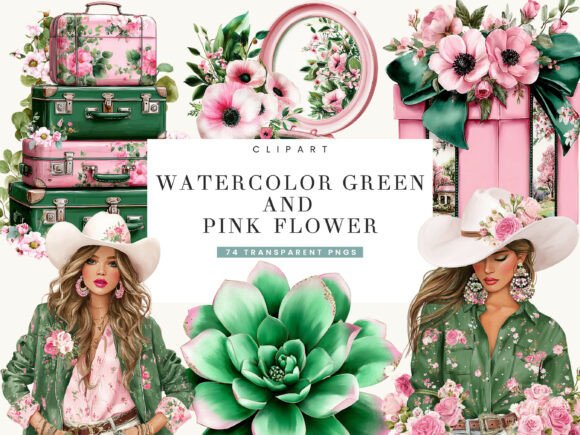 Download Watercolor Green and Pink Flower Clipart - K Collection