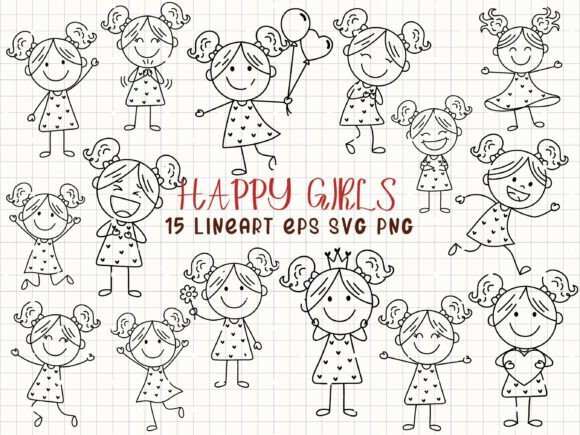 Download Happy Girls Line Art Stick Figure Girl - K Collection