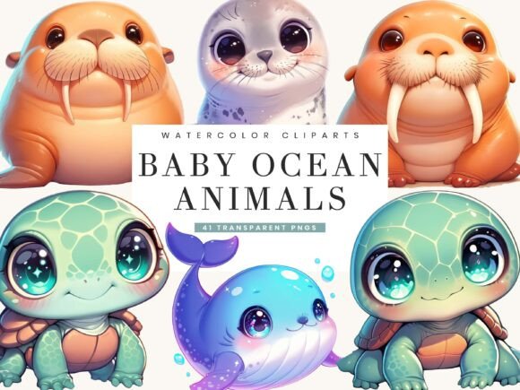 Download Cute Kawaii Baby Ocean Animals Clipart - K Collection