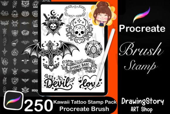 Download 250 Kawaii Tattoo Stamps for Procreate - K Collection