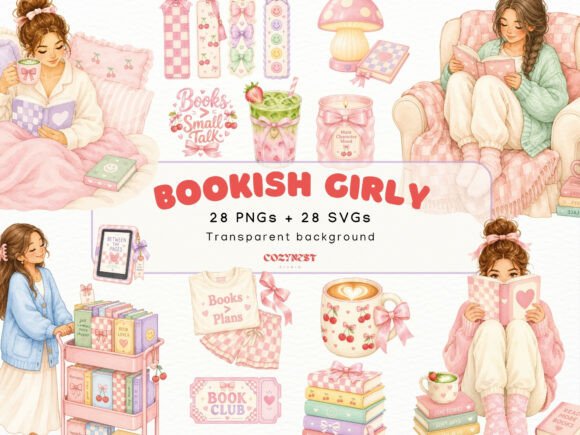 Download Cozy Bookish Girl Watercolor Clipart PNG - K Collection